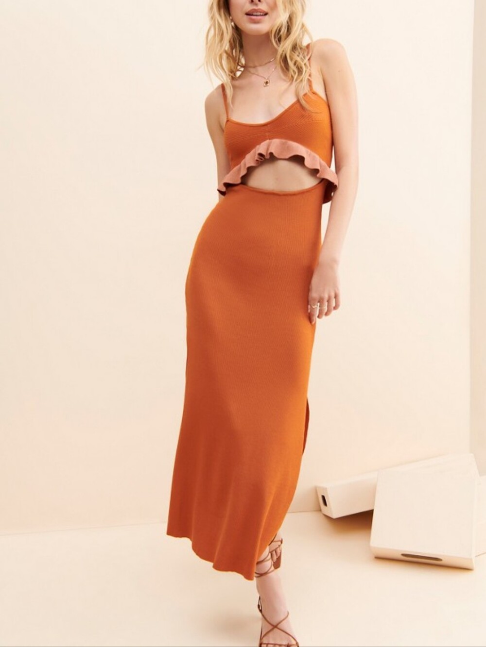Mon Renn Burnt Orange Sleeveless Calypso Knit Midi Dress